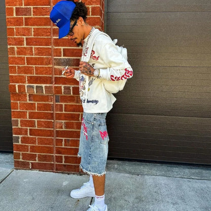 Graffiti Rhinestone Denim Baggy Shorts Men Women