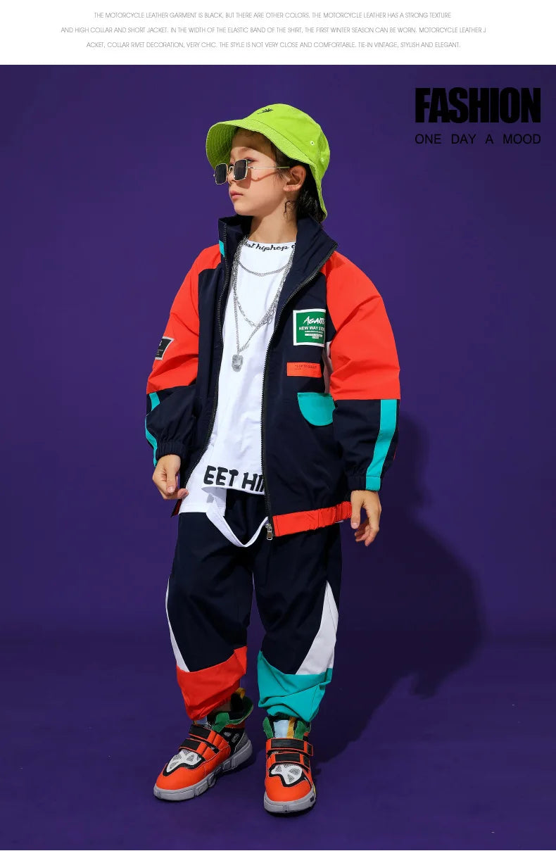 2 Pcs Boys/Girls Hip Hop Contrast Jacket Loose Pants