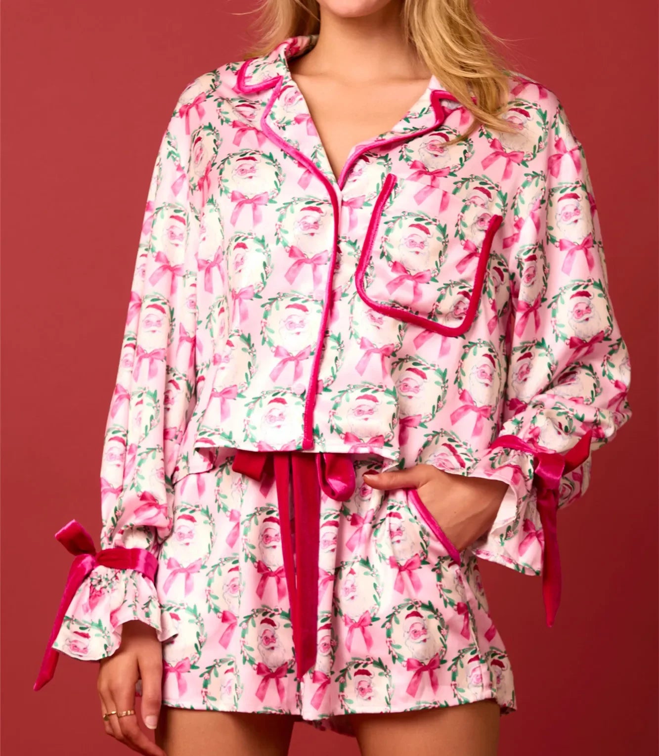 2 Pcs Christmas Pajamas for Women Satin Silk Sleepwear