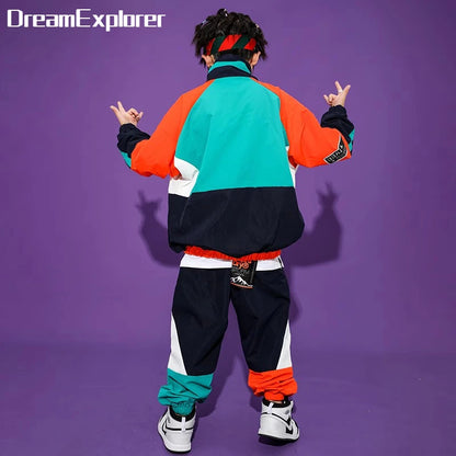 2 Pcs Boys/Girls Hip Hop Contrast Jacket Loose Pants