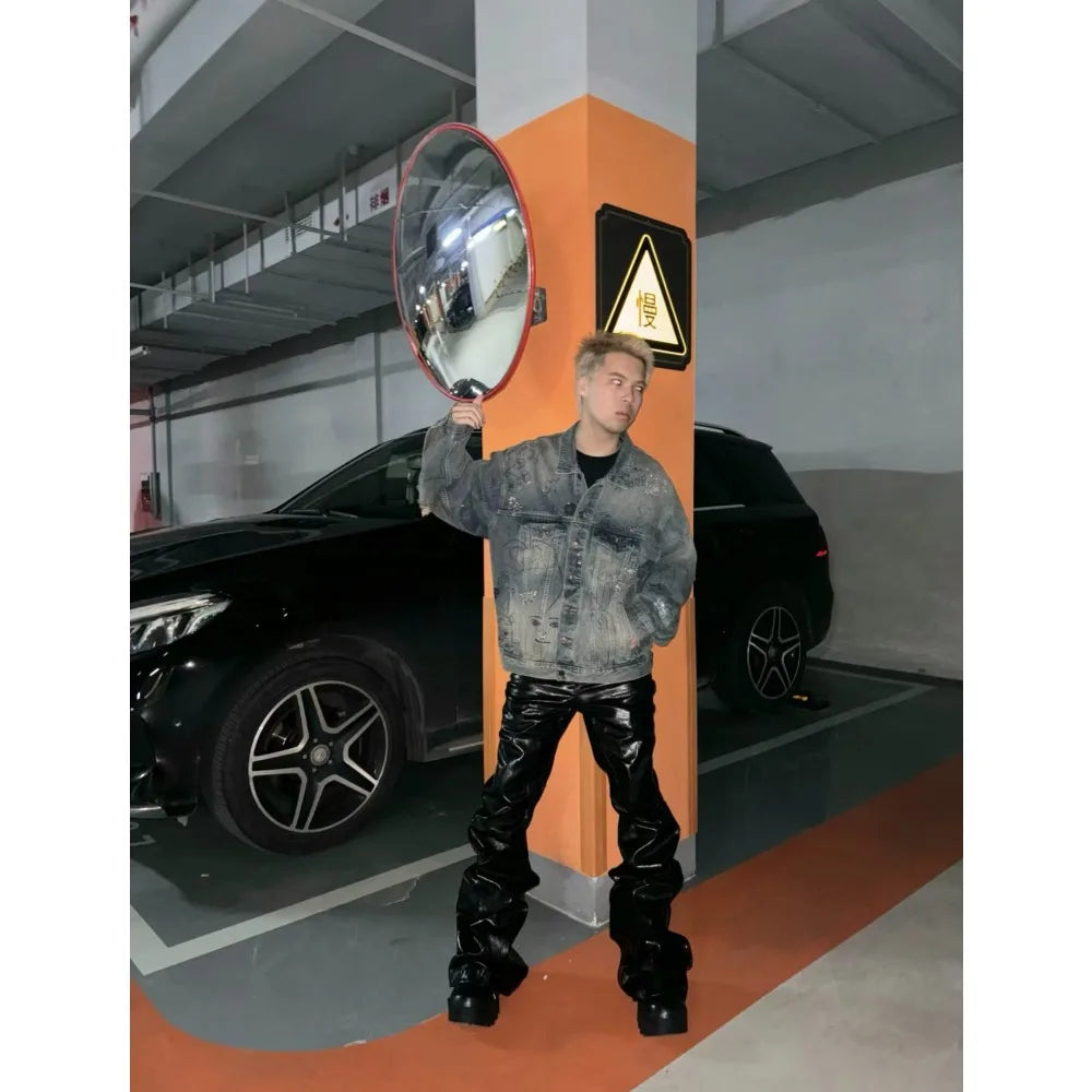 Men's Dark Coated Glossy Leather Black Jeans