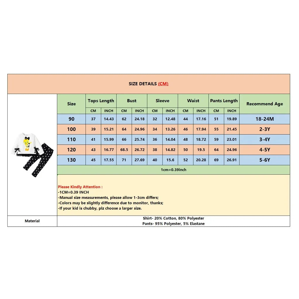 2PCS Girls Long Sleeves Cute Cartoon Top+Pants