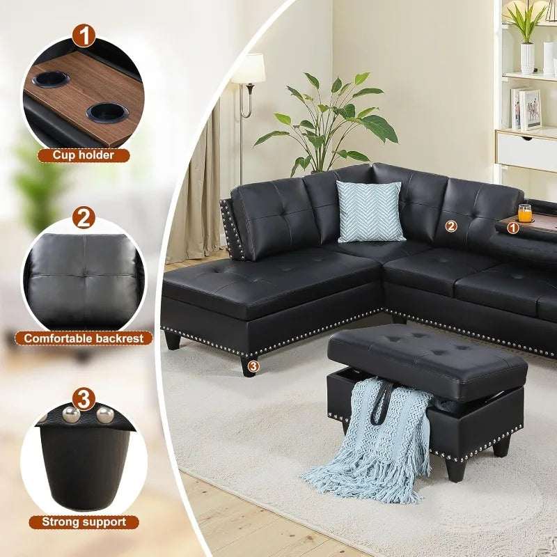 L Shaped Couch 3-Piece Sectional Sofa Set, Classic Black