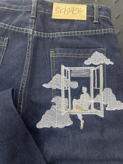 Clouds Pattern Pocket Embroidery Denim Baggy Shorts