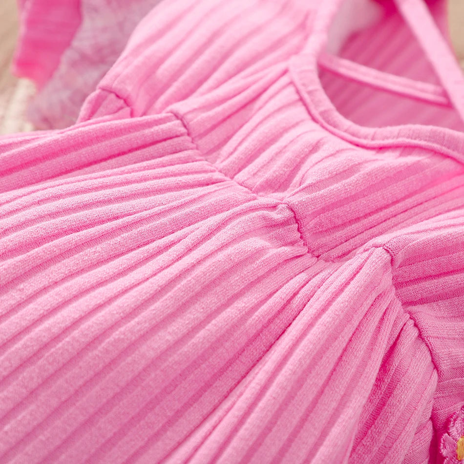 Girls Bubble Sleeve Ribbed Short Romper Set