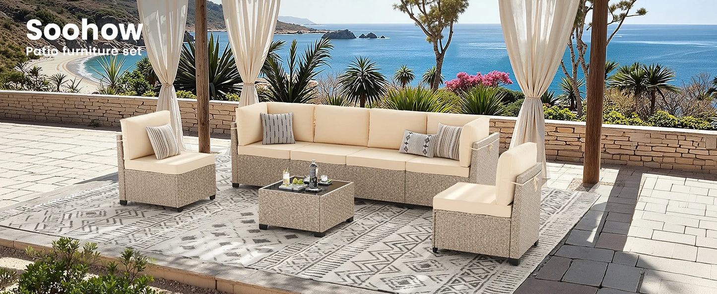 7-Piece Outdoor Rattan Sectional Sofa with Tempered Glass