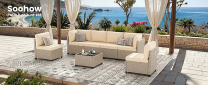 7-Piece Outdoor Rattan Sectional Sofa with Tempered Glass