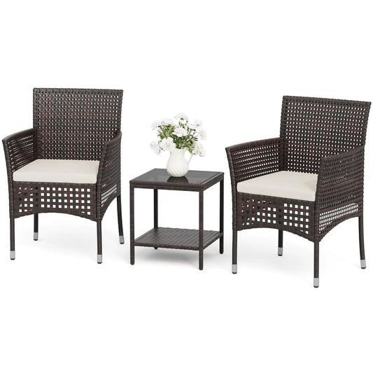 3 Piece Patio Furniture Set Wicker Chairs with Glass-top Table