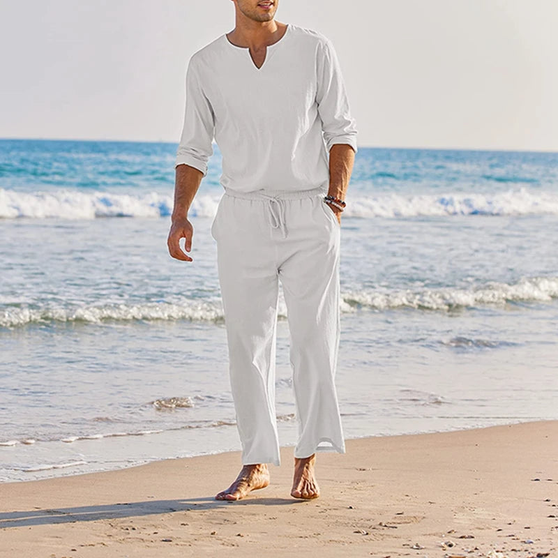 2 Pcs Men Henley Shirt Elastic Waist Drawstring Pants