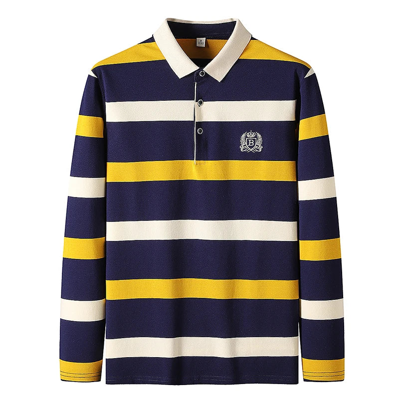 Men Polo Shirt Cotton Long Sleeve Stripe