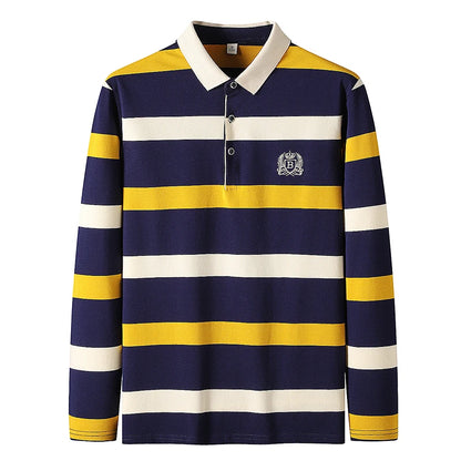 Men Polo Shirt Cotton Long Sleeve Stripe