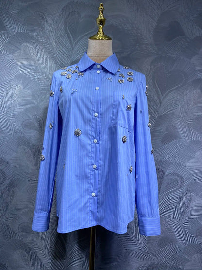Flower Studded Diamond Lapel Long Sleeved Shirt