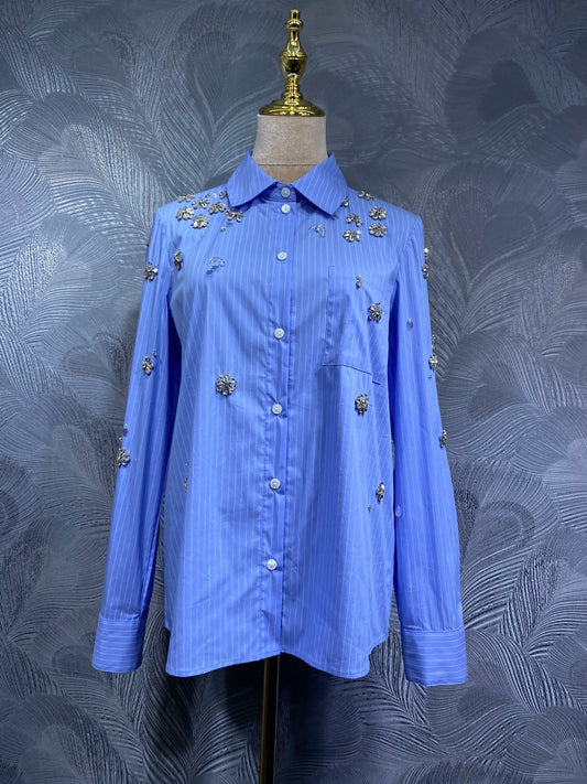 Flower Studded Diamond Lapel Long Sleeved Shirt