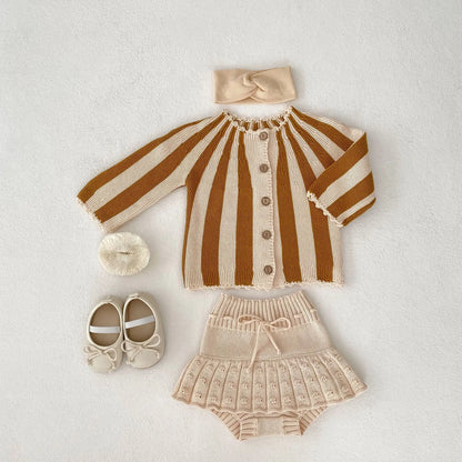 2 Pcs Baby Girls Long Sleeve Striped Cardigan Coat+ Shorts