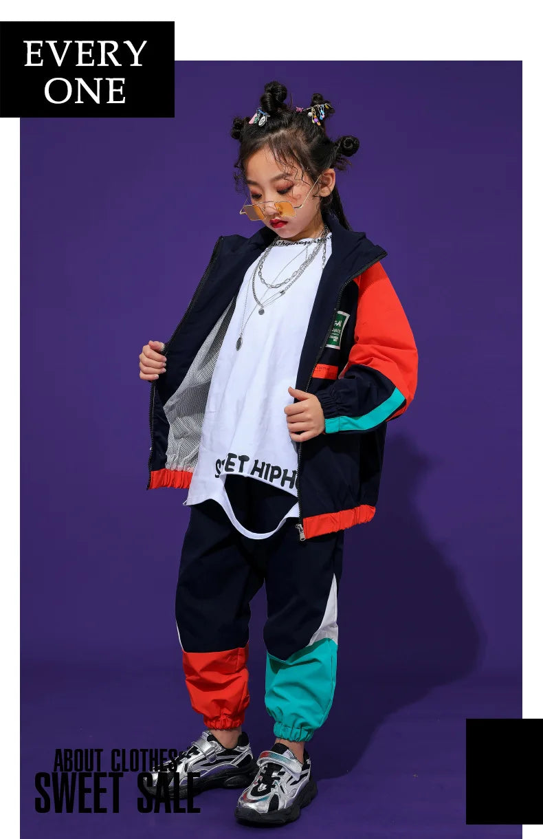 2 Pcs Boys/Girls Hip Hop Contrast Jacket Loose Pants