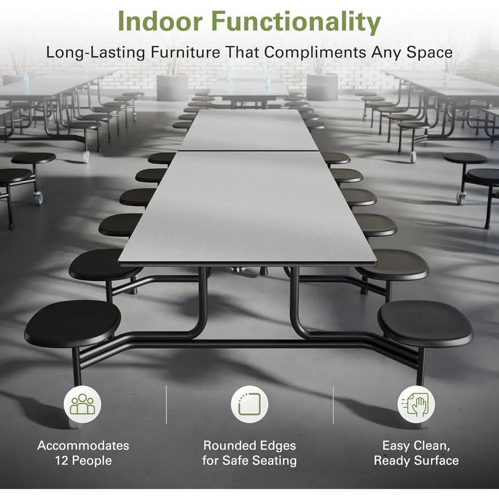 Long Casters Table with 12 Attached Stools, Commercial Quality