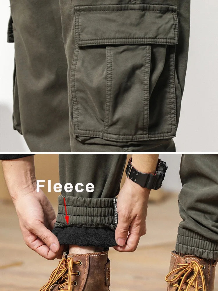 Cargo Pants Men Multi-Pockets Drawstring Fleece Liner