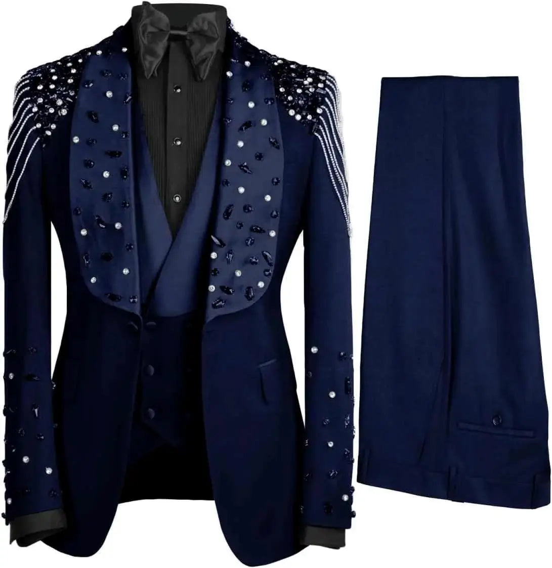 3 Piece Luxury Crystals Beaded Lapel  Wedding Tuxedos