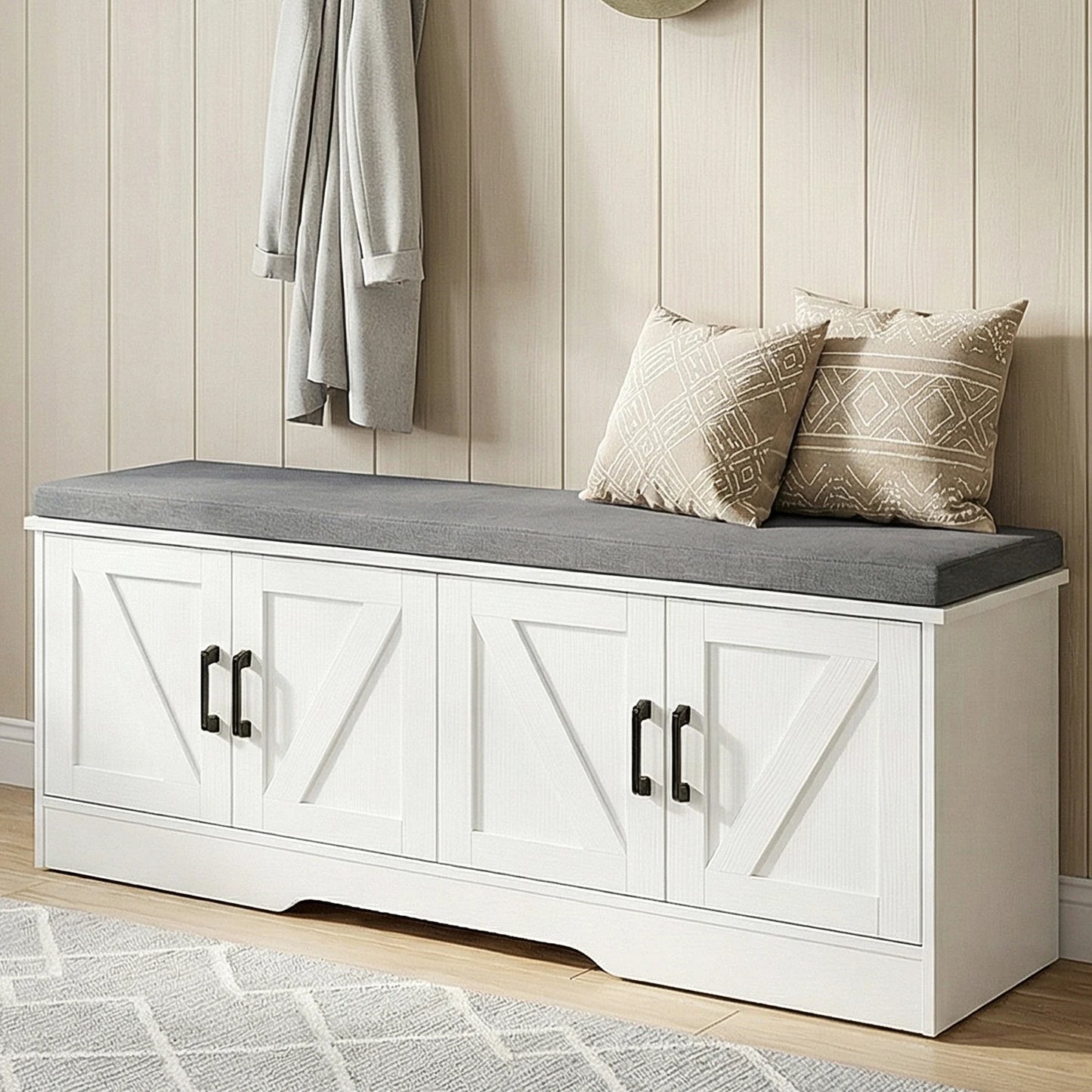 Storage Bench with Padded Seat Cushion 2 Doors