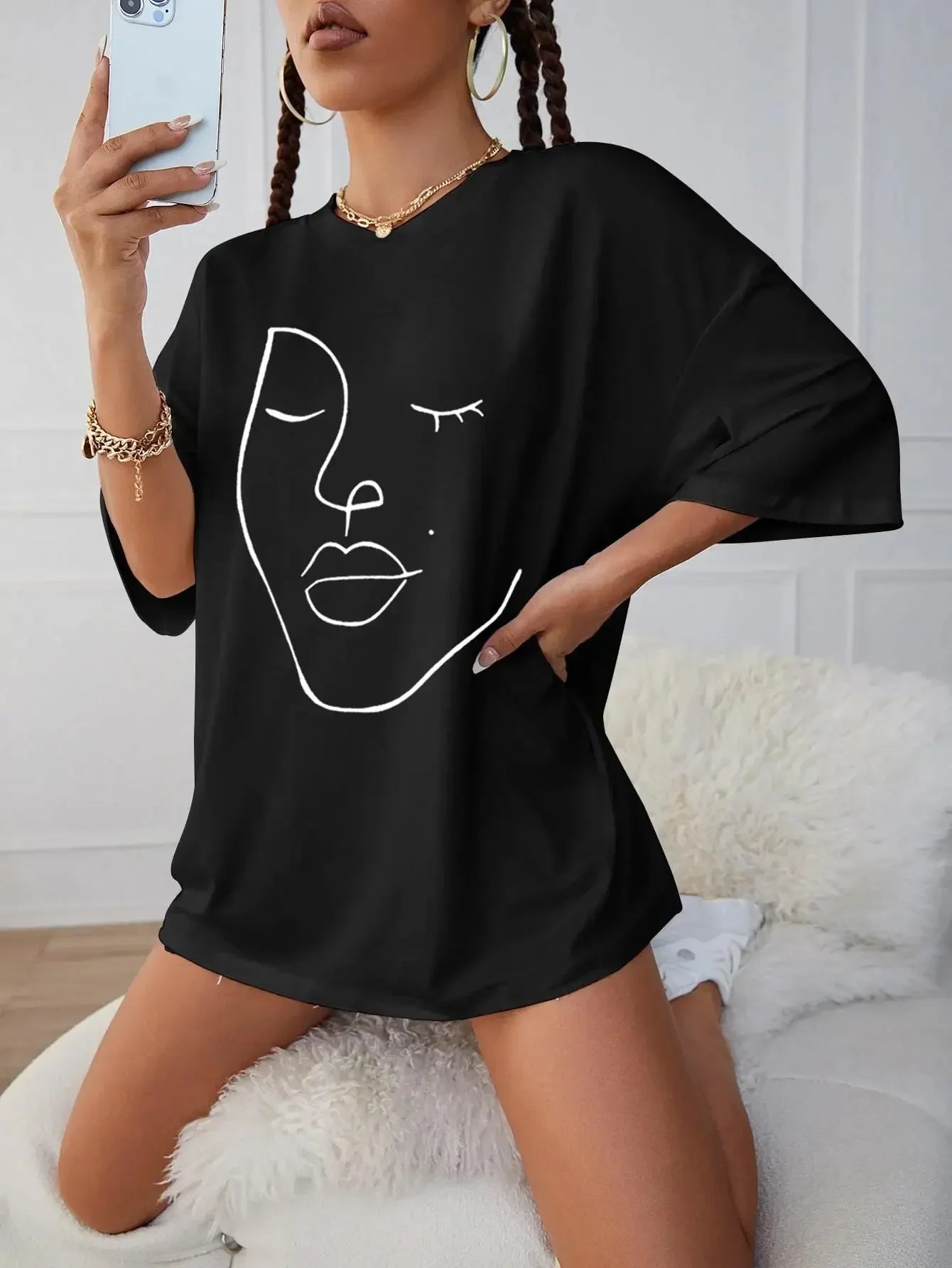 Women's Face Printing Tees Cotton T-Shirts Casual
