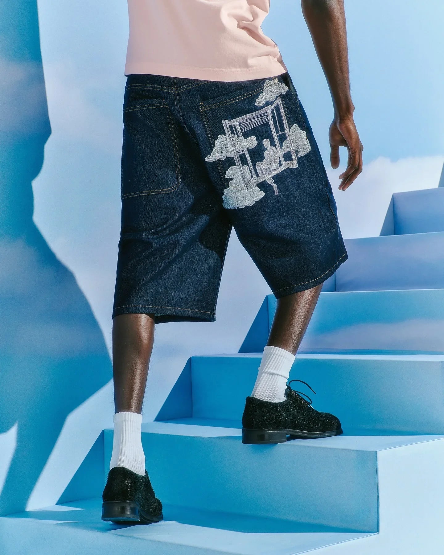 Clouds Pattern Pocket Embroidery Denim Baggy Shorts