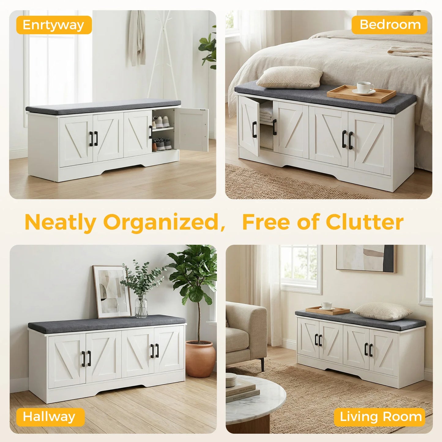 Storage Bench with Padded Seat Cushion 2 Doors