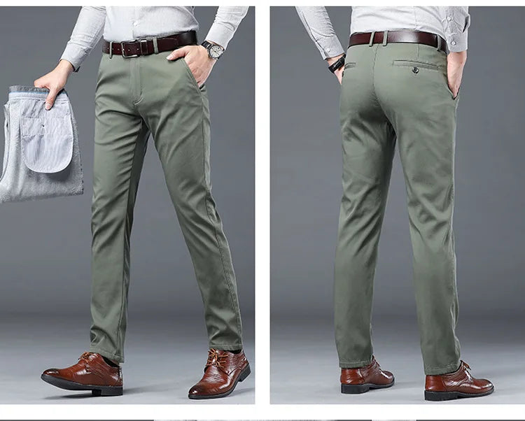 Gray Green Trousers Men Fleece Casual Pants