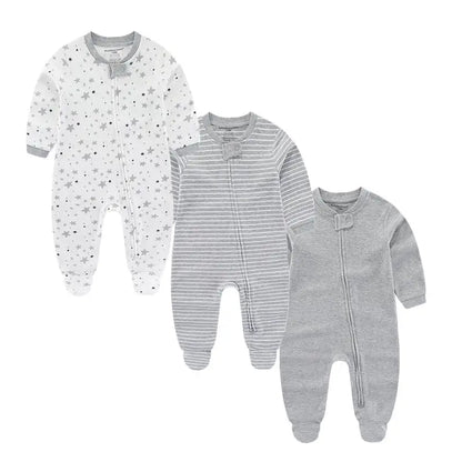 3 Pcs Solid Zipper Baby Rompers 100%Cotton