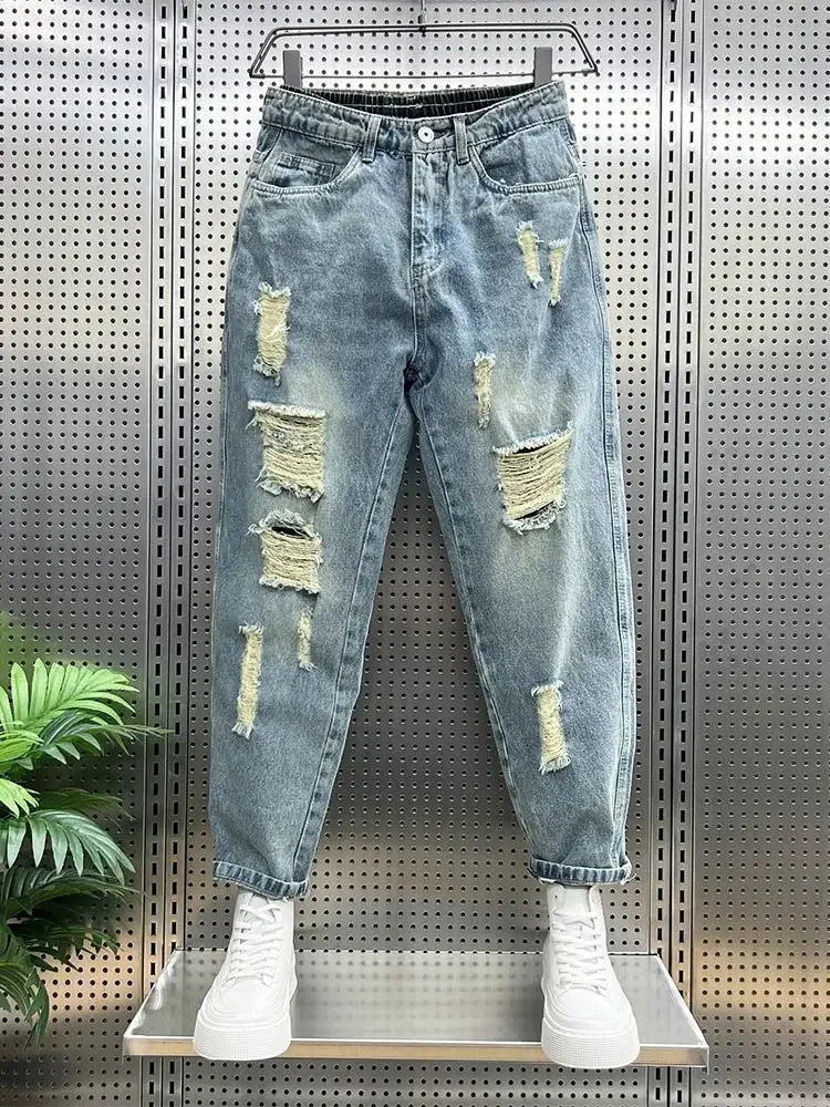 Men's Jeans Torn Broken Ripped Cowboy Pants