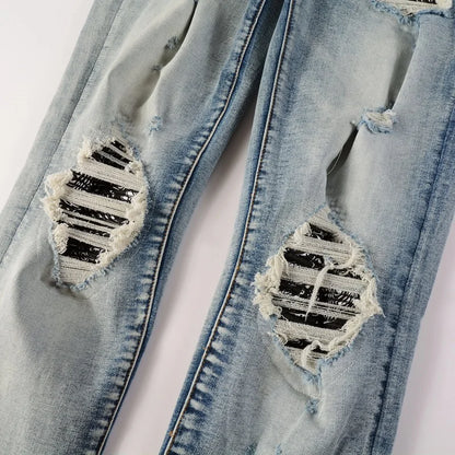 Men Paisley Bandana Print Patch Jeans Skinny