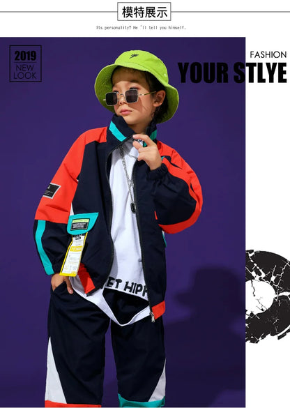 2 Pcs Boys/Girls Hip Hop Contrast Jacket Loose Pants