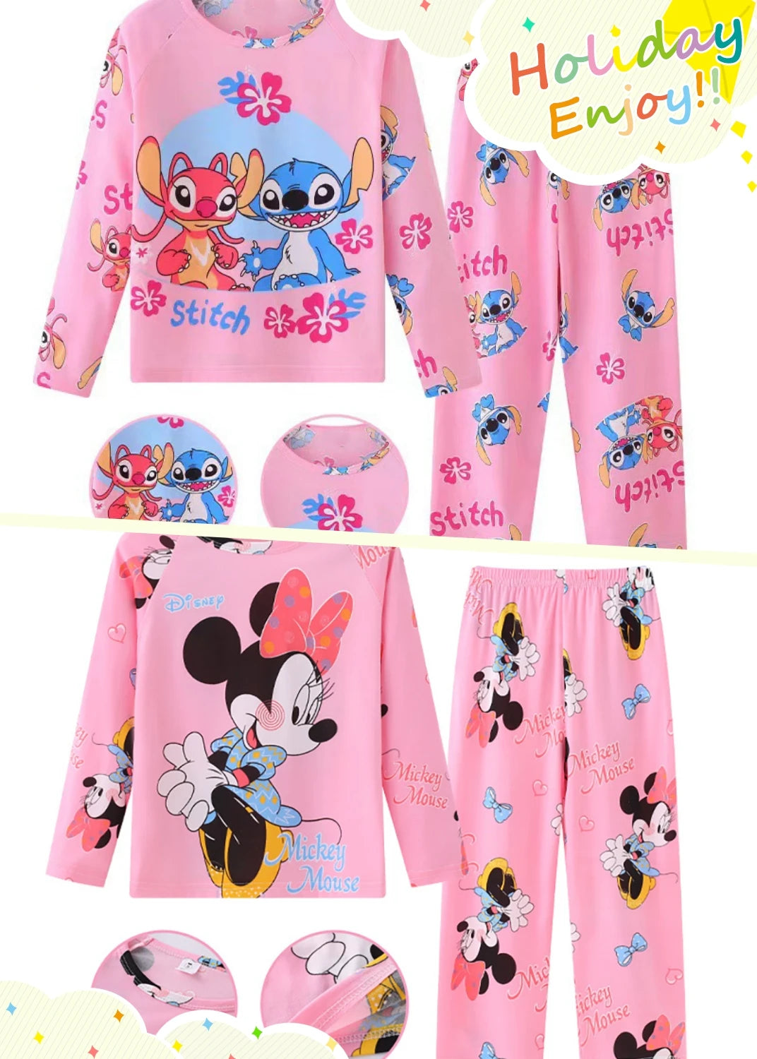 2 Pcs Boys/Girls Minnie Mickey Cartoon Longsleeved Pajamas