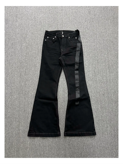 Basic Black Ribbon Loose Flared Casual Jeans