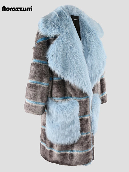 Oversized Striped Thick Patchwork Faux Fur Coat