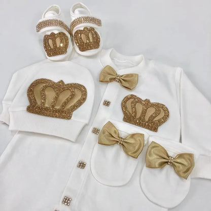 4 Pcs Boy/Girl Rhinestone Crown Jumpsuit Clothing