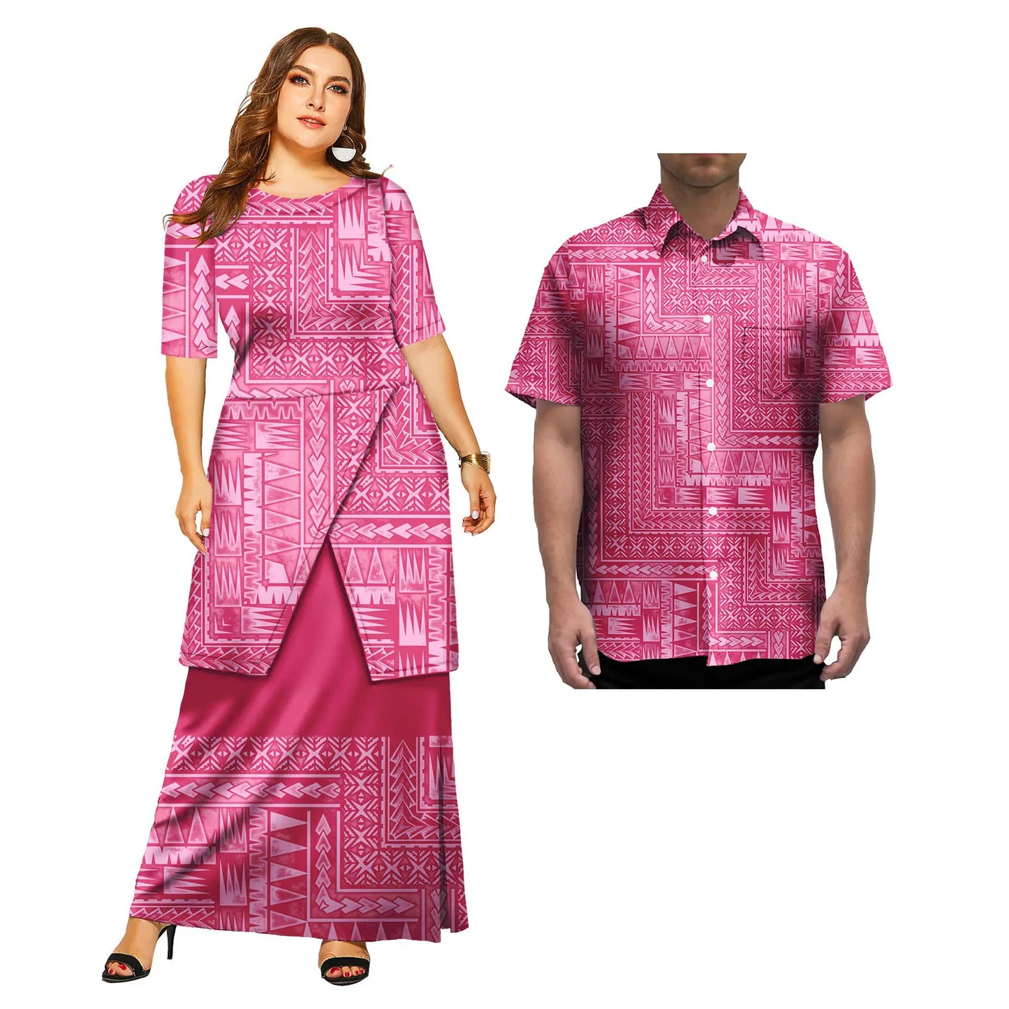 2 Pcs Custom Polynesian Traditional Dresses and Mens Shirts
