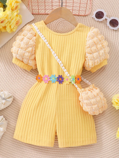 Girls Bubble Sleeve Ribbed Short Romper Set