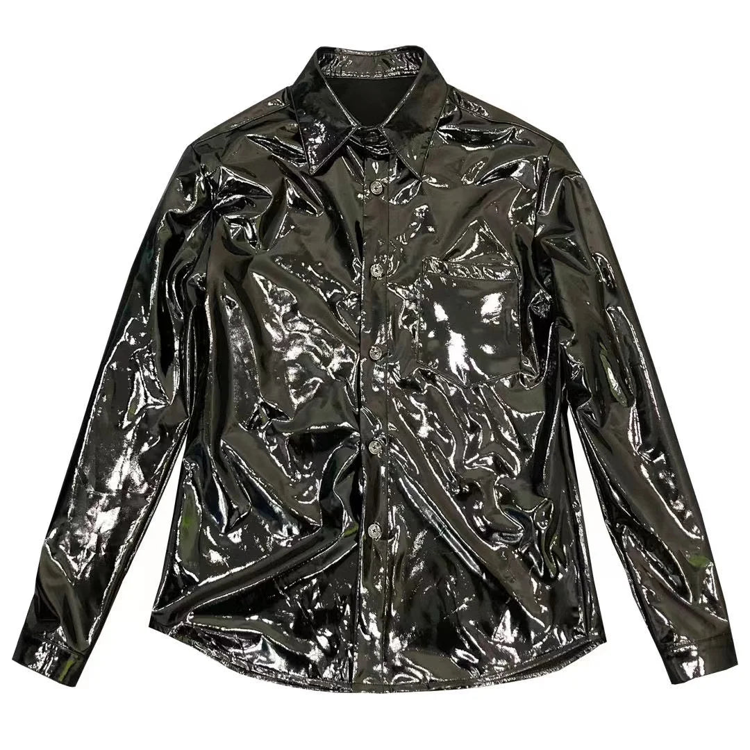 Men's Shiny Leather Casual Color Button-Down
