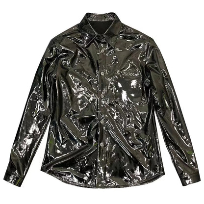 Men's Shiny Leather Casual Color Button-Down