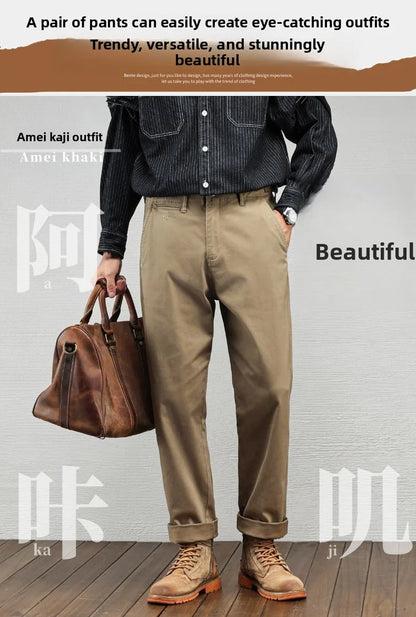 Casual Cotton Pants, Loose Straight Leg Workwear