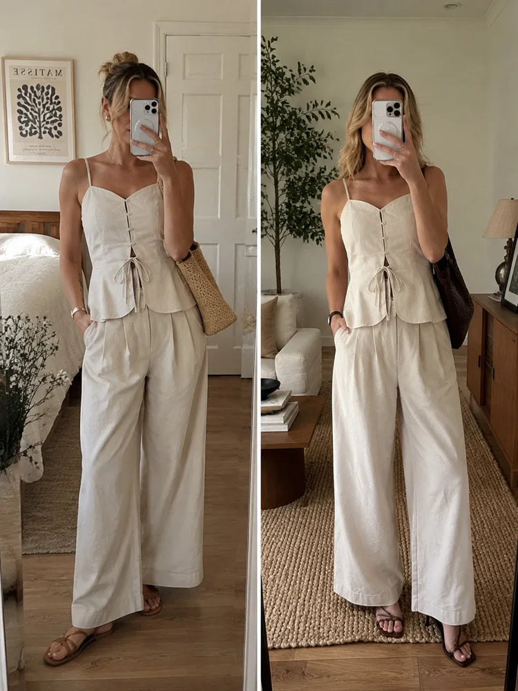2 Pcs Office Pant Suits Solid Beige Wide Leg