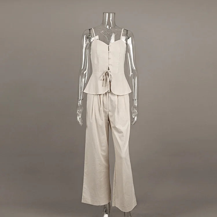 2 Pcs Office Pant Suits Solid Beige Wide Leg