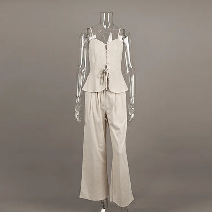 2 Pcs Office Pant Suits Solid Beige Wide Leg