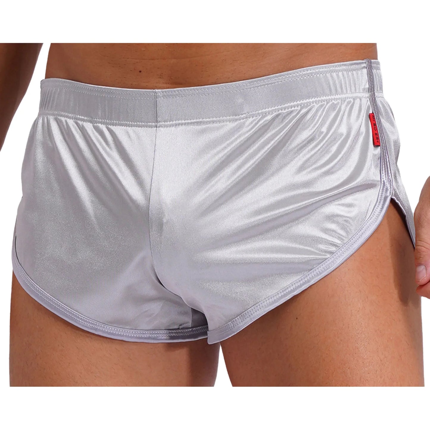Men Side Split Satin Shorts Built-in Bulge
