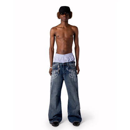 Men/Women Bootcut Jeans Vintage Washed Embroidery Pants