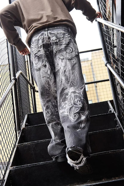 Oversized Print Baggy Jeans Men Vintage Gothic