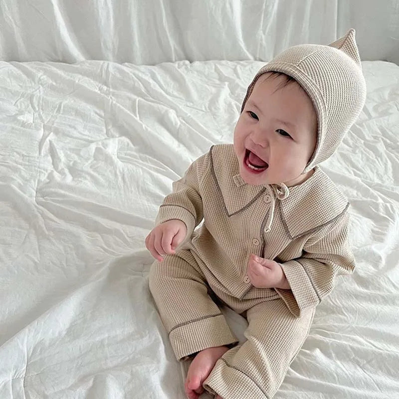 2 Pcs Waffle Baby Girls Pajamas Casual Long Sleeve
