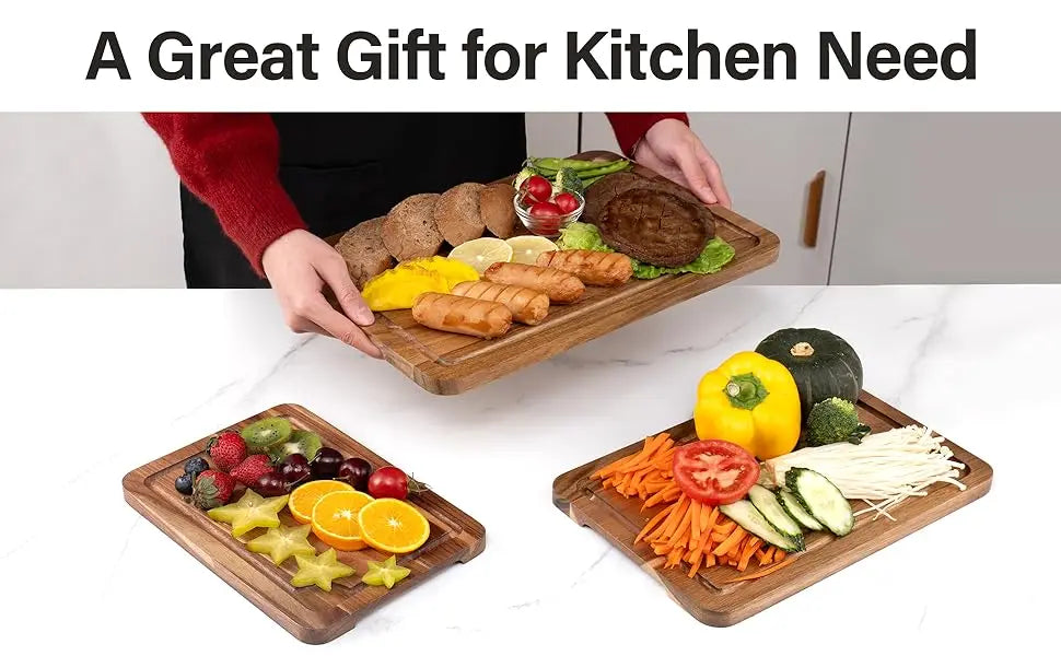 3 Pcs Acacia Wood Cutting Boards with Juice Groove