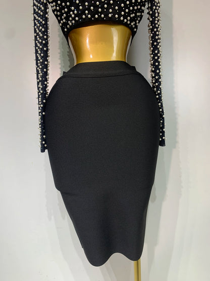 2 Pcs Women Sexy Long Sleeve Mesh Pearl Top