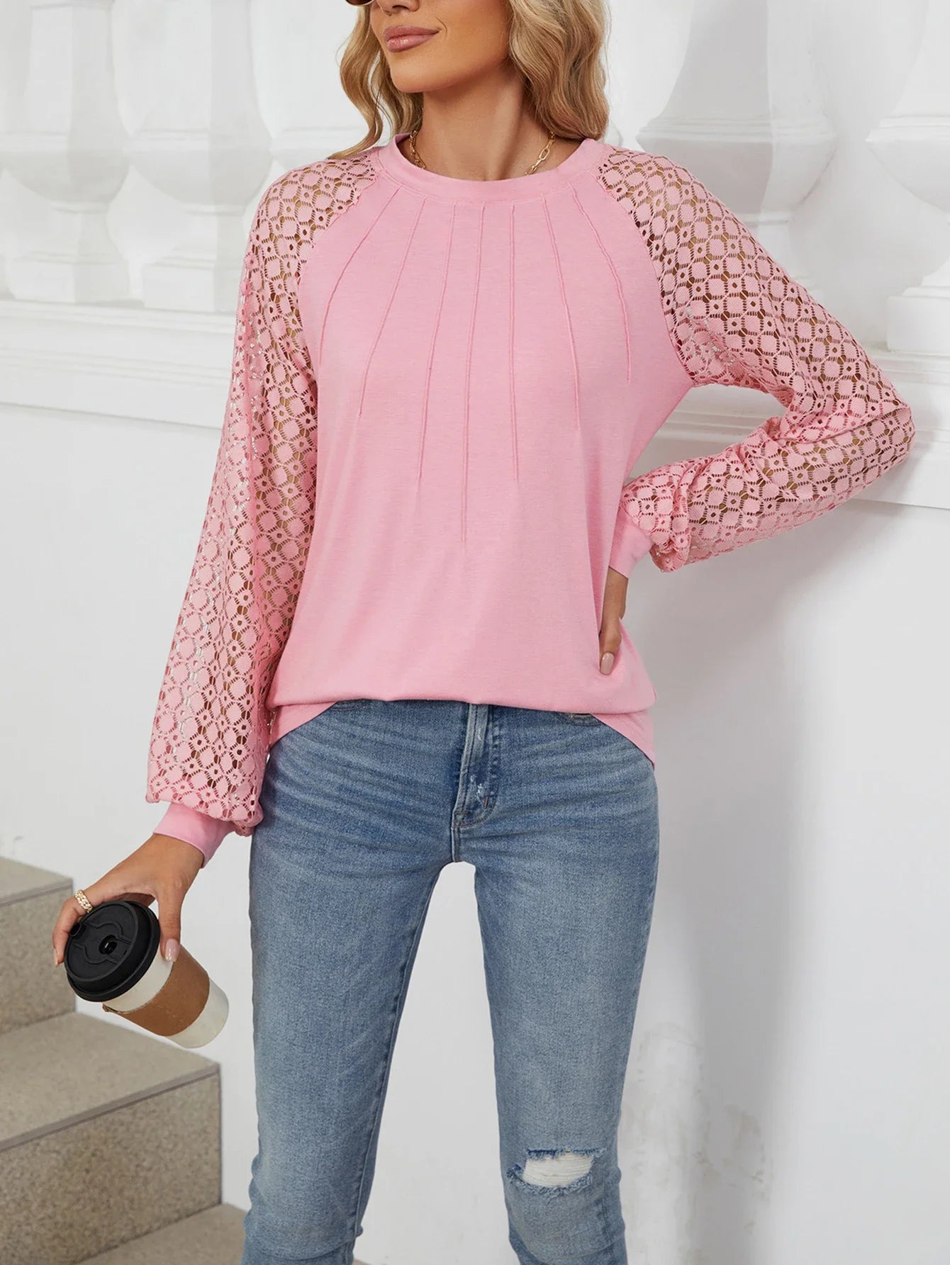 Womens Lantern Sleeve Lace Spliced Design Pullover